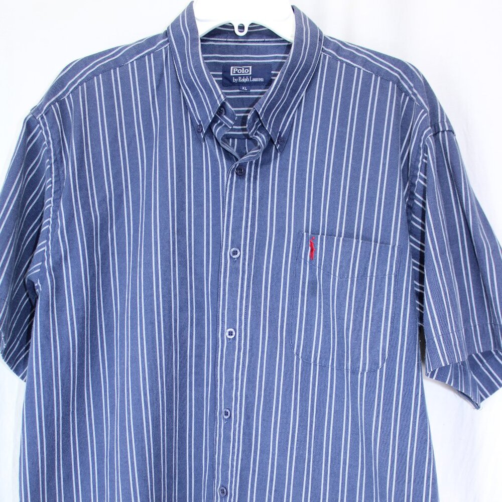 Polo Ralph Lauren Shirt Men XL Blue Striped Red Pony Short Sleeve Button Down
